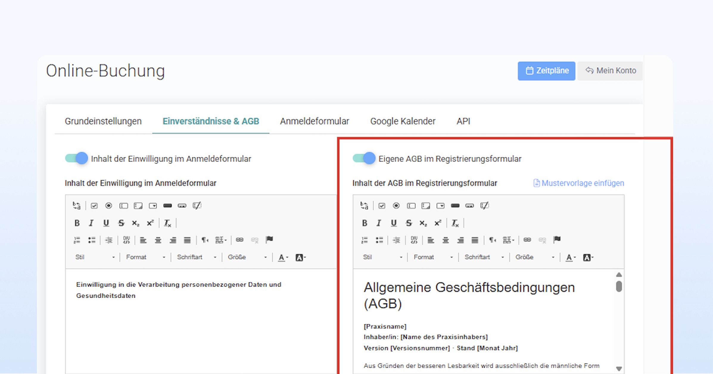 Eigene Bestimmungen im Online-Anmeldeformular